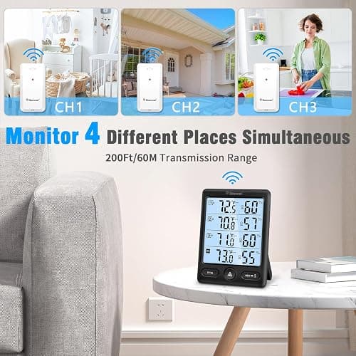 Geevon Indoor Outdoor Thermometer Wireless 3 Remote Sensors, 5-Inch Display Digital Hygrometer Thermometer Temperature Humidity Monitor with 8S Backlight, Battery-Powered (Black) thumbnail 3