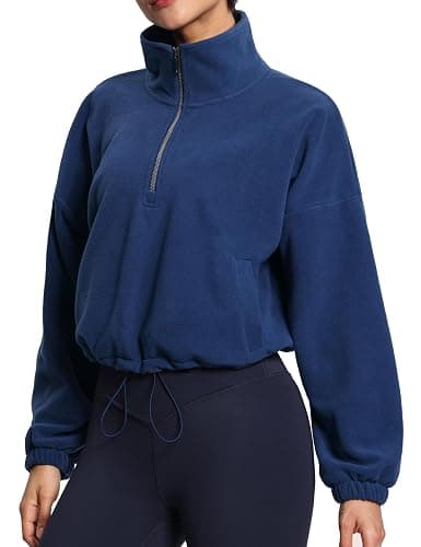 THE GYM PEOPLE Women’s Half Zip Crop Pullover Sweatshirt Fleece Loose Fit Workout Tops with Pockets Drawstring Hem thumbnail 6