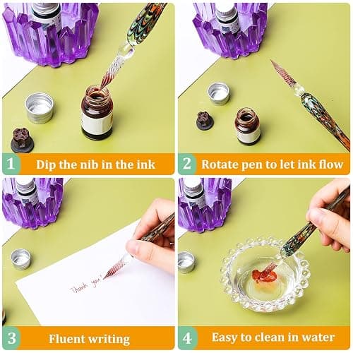 Zonon 6 Pcs Handmade Glass Dip Pen Crystal Glass Signature Pen Calligraphy Glass Pen Dip Ink Pen Borosilicate Present Pen for Writing Drawing Signatures (Vintage Color,Fresh Style) thumbnail 5