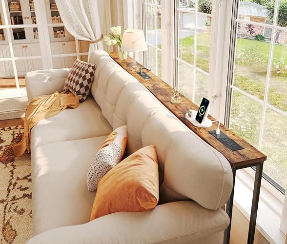 SUPERJARE 78.8 inch Narrow Behind Couch Table with 2 Charging Stations | 2 AC Outlets with USB-C Ports, Extra Storage Behind Sofa, Sofa Table Console Table for Entryway Living room, Rustic Brown thumbnail 6