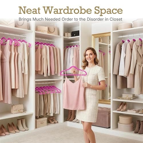 HOUSE DAY Rosy Red Velvet Hangers 60 Pack, Non Slip Clothes Felt Hanger Heavy Duty for Coat, Premium Slim Space Saving Suit Hangers for Closet Organizer, 360° Rotating Silver Hook thumbnail 9