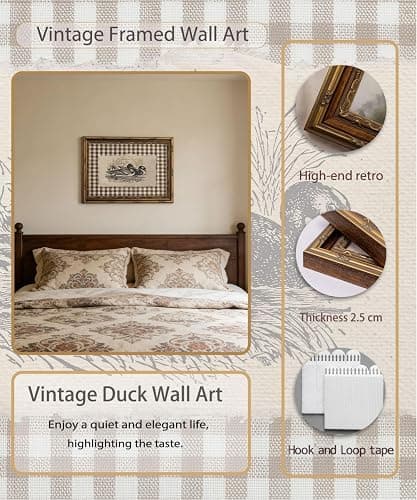 Vintage Gold Framed Wall Art Vintage Duck Wall Art Rustic Farmhouse Brown Gingham Duck Wall Decor Picture Country Cottage Illustration Poster Print Artwork for Living Room Bedroom 9x11in thumbnail 2