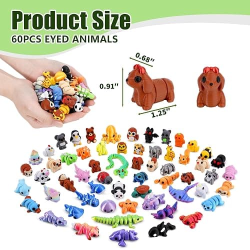 Cybermaker 60PCS Mini 3D Printed Animals, Articulated Fidget Toys for Kids | Flexible joints, Cute designs desk pets, Classroom rewards, Party favors, Goodie bag stuffers thumbnail 3