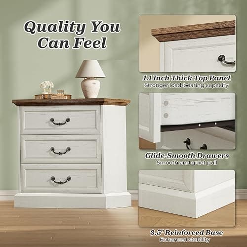Huuger Nightstand with Charging Station, 3 Drawer Night Stand, 22 Inch Wider Side Table with Storage, Farmhouse Nightstand with Vintage Handles, Thicken Base, for Bedroom, Distressed White thumbnail 8