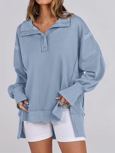ANRABESS Women's Sweatshirts Oversized Casual Loose Button Up Henley Pullover Top High Low Split 2025 Fall Fashion Outfits thumbnail 3