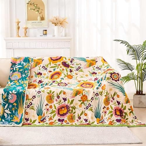 XIBLC Boho Throw Blanket for Bed, 100% Cotton Soft Rustic Quilt Fall Blanket, 60"x80" Floral Printed Farmhouse Decor Bed Blankets, All Season Rustic Reversible Bohemian Throw Quilt thumbnail 2