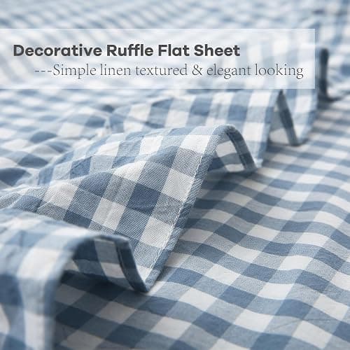 K MASANIJI Dust Blue White Plaid Ruffle Sheets Queen Size 4-Piece Set, 300TC 100% Yarn Dyed Cotton Sheets18 in Deep Pocket Classic Gingham Decorative Bedding (Dust Blue/White Plaid, Queen) thumbnail 3