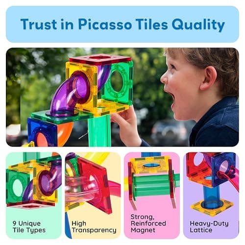 PicassoTiles 100 Piece Marble Run Magnetic Tiles Race Track STEM Ages 3+ | BPA-free ABS plastic, reinforced edges, curved slopes and U-turns, steel balls included, open-ended maze layouts, shared play thumbnail 6