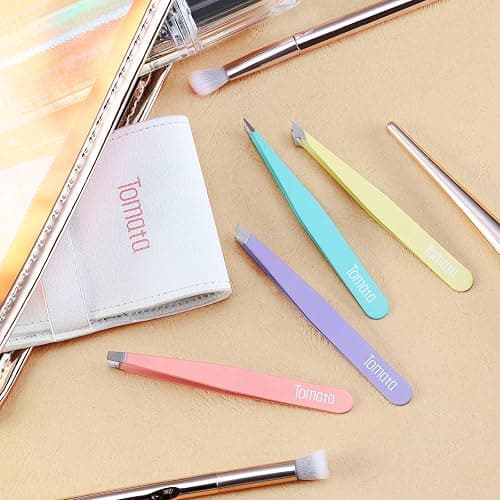 Tomata Tweezers for Eyebrows, Slant Tip and Pointed Eyebrow Tweezer Set Great Precision for Eyebrows Facial Hair, Ingrown Hair, Splinter, Blackhead and Tick Remover (4-piece) (Multi-color) thumbnail 7