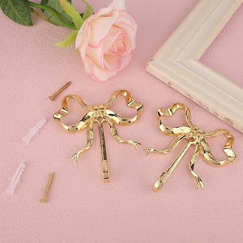 2pcs Bow Knot Wall Hooks, 3.9x3.8in Gold Bow Knot Coat Hooks Cute Butterfly Door Hangers Decorative Bows Wall Hook for Coats Hats Bags Towels Coffee Mugs thumbnail 7