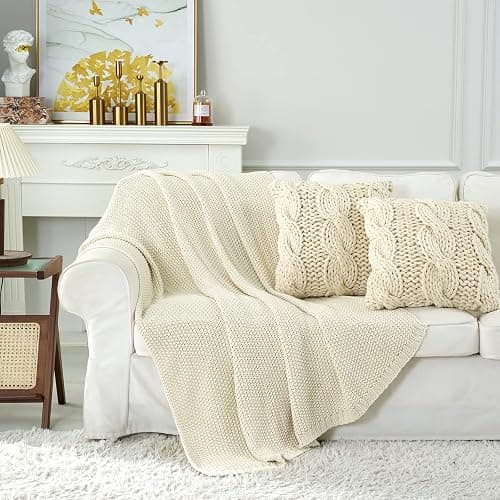 Chunky Cable Knit Throw Blanket Lightweight Cream 100% Organic Cotton Blanket for Sofa Couch Bed Baby Nursery, Rustic Shabby Chic Modern Farmhouse, 51” x 63” Give Laundering Bag thumbnail 5