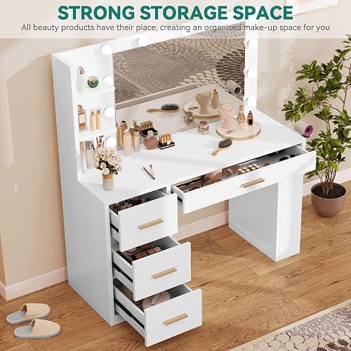 YITAHOME Vanity Desk with Mirror & Lights, Makeup Vanity Table Set with Power Outlet, 4 Drawers, 6 Open Shelves Above and 3 Lighting Modes Dressing Table thumbnail 3