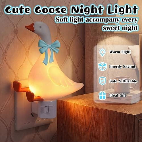 Gerrii Silly Goose Night Light Plug in Blue Decor for Kids Bedroom | Blue Bow, Resin Night Light Decor, LED Lamp in Dusk to Dawn, Cute Gifts, for Nursery, Kids Bedroom Bathroom thumbnail 2