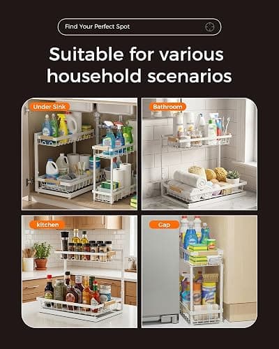 Sevenblue 2-Pack 2-Tier Height Adjustable Under Sink Organizer & Storage | Multi-purpose storage for kitchen & bathroom cabinet. Large white shelf, height adjustable design for space-saving. thumbnail 9