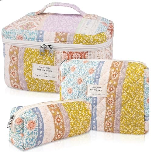 Makeup Bag Set, Quilted Makeup Bag, Large Floral Cosmetic Bag for Women, Cute Cotton Makeup Bag, Flower Travel Toiletry Organizer Bag(Color-Coded Floral) - Image 1