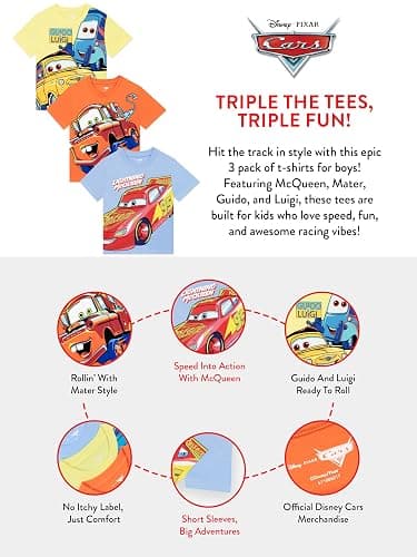 Disney Shirts for Kids, Lightning McQueen T Shirt Pack of 3, Boys Cars T Shirt, Multicolor 6 thumbnail 5
