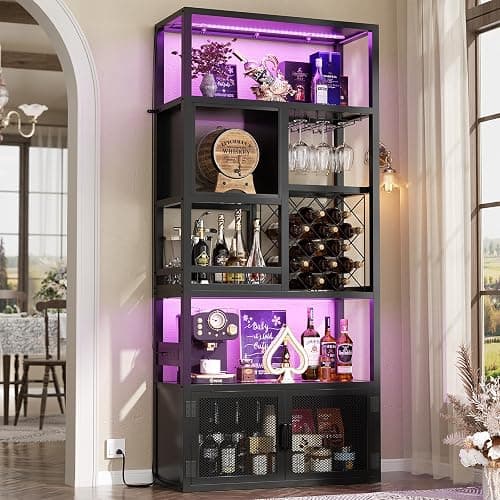 Armocity 82.6" Tall Bar Cabinet with Power Outlets & LED Lights, Liquor Cabinet Bar for Home, Reversible Coffee Station Wine Cabinet with Glass Holder & Wine Rack for Small Space, Black thumbnail 2