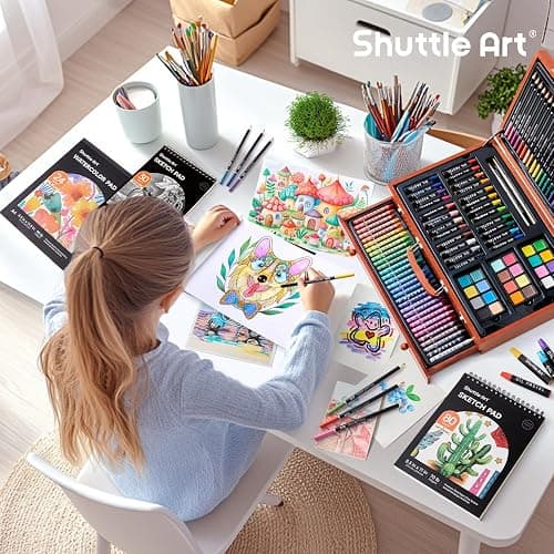 Shuttle Art 149 Piece Deluxe Art Set, Art Supplies in Wooden Case, Painting Drawing Art Kit with Acrylic Paint Pencils Oil Pastels Watercolour Cakes Colouring Book Sketch Pad for Kids and Adults thumbnail 8