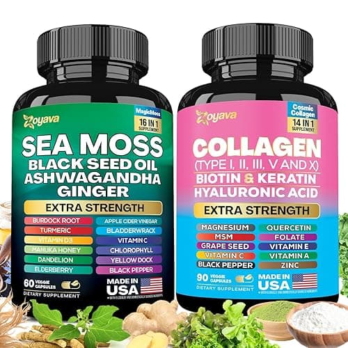Zoyava Radiant Wellness Bundle -Sea Moss, Black Seed Oil, Ashwagandha, Ginger, Burdock Root, Bladdewrack, Turmeric & Collagen Types I II III V X, Biotin, Keratin, Hyaluronic Acid, Folate, Quercetin - Image 1