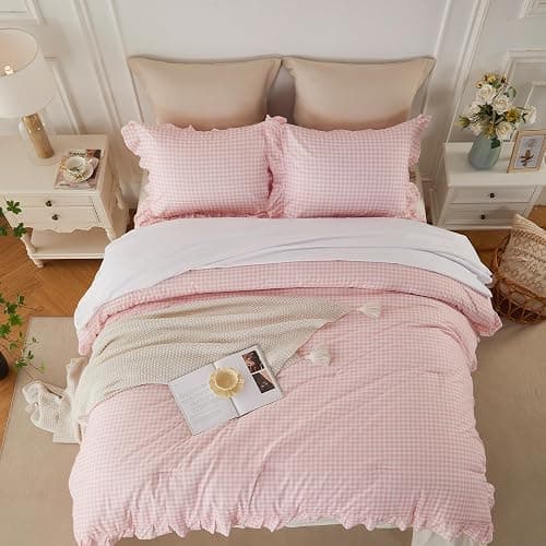 Gingham Ruffle Comforter Set Queen - 3 Piece Pink Checkered Bedding Set - Aesthetic Cottagecore Ruffled Farmhouse Comforter with 2 Pillow Shams - Soft, Lightweight All Season Bedding (90"x90") thumbnail 7
