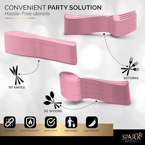 150 Pack Plastic Silverware Heavy Duty, Pink Disposable Cutlery, 50 Spoons, 50 Forks, 50 Knives, Plastic Utensils Set for Home Office School Party Picnics Weddings & More - SparkSettings thumbnail 6