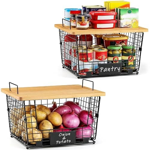 2 Set XXL Stackable Wire Basket with Bamboo Tops & Tag- Pantry Organizer and Storage Bins, Kitchen Counter Cabinet Shelf Countertop Under Sink Organizing, Food Snack Produce Onion Potato Bread Storage thumbnail 8