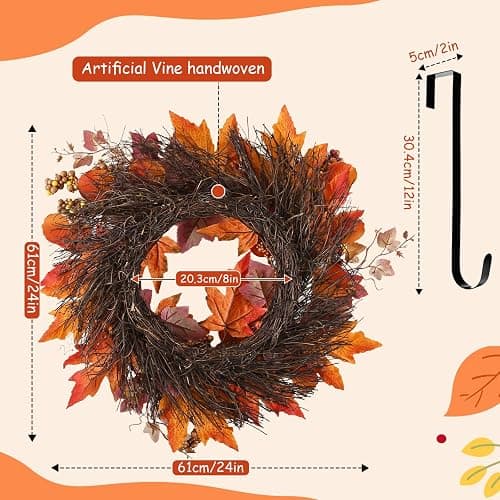 20 Inch Fall Wreaths Decorations Maples Autumn Wreath with Hanger | Leaf Pumpkin Pine Cone Berry For Thanksgiving Harvest Farmhouse Outdoor Indoor Window Wall thumbnail 3