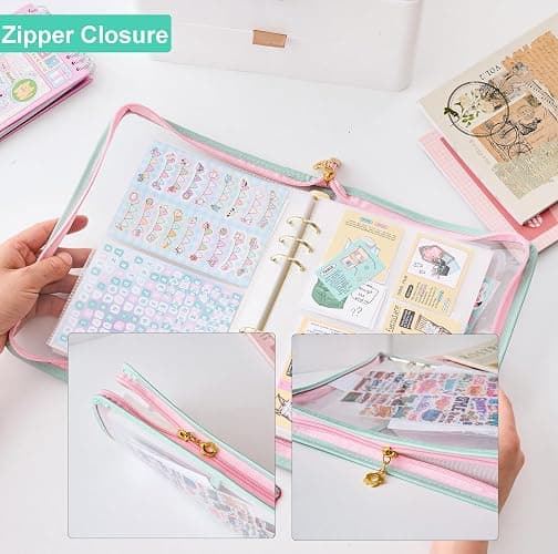 A5 Sticker Collection Organizer Binder kit large capacity (65 sheet), PU leather clear sticker storage book album with zipper closure,double-sided Collecting for journal scrapbook planner (Green) thumbnail 5