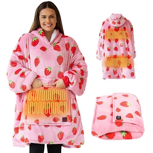 Cootway Heated Wearable Blanket Hoodie, 3 Heat Level Oversized Strawberry Blanket Hoodie for Women Without Battery Pack, Cozy Warm Sweatshirt Blanket, USB Heating Hooded Blanket w/Sleeves&Giant Pocket - Image 1
