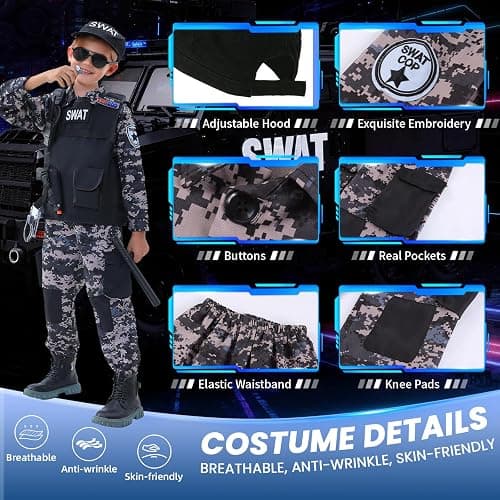 Wonrynn SWAT Police Officer Costume for Kids,Policea and Army Costume for Boys with camouflage uniform,SWAT Vest,Halloween Costume for Boy,Cosplay Themed Party for Boys Girls thumbnail 3