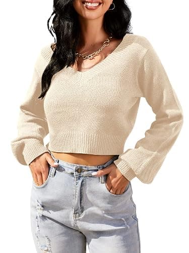 ZAFUL Women's Cropped Sweater V-Neck Long Sleeve Crop Sweater Pullover Jumper Knit Top thumbnail 2