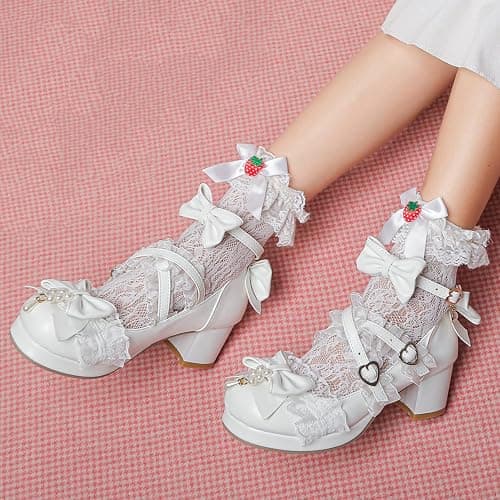 LUXMAX Women's Kawaii Shoes Cross Strap Pumps Cute Ankle Strap Mary Jane Shoes Wedding Lace Mid Chunky Heel Pumps thumbnail 4