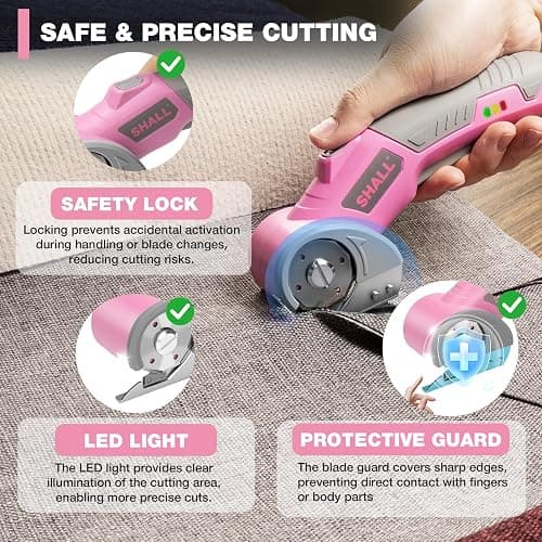 SHALL 4V Cordless Electric Scissors, Rechargeable Cardboard Cutter, Rotary Electric Box Cutter w/Safety Lock, LED Light & Replacement Blade for Fabric, Leather, Carpet, Cardboard & Plastic, Pink/Grey thumbnail 3