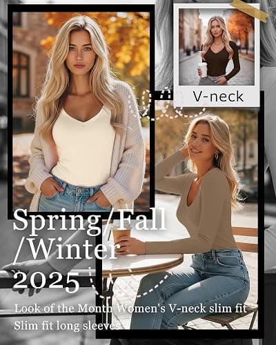 Yearntown 5 Pack Women's Long Sleeve Shirts, V Neck Knit Slim Fitted Tops Basic Solid Casual Tees Fall Winter Tight T Shirts thumbnail 3