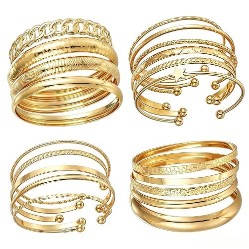 ÌF ME Gold Bangle Bracelets for Women, 19Pcs Multi Stackable Bangles Set | 14K Gold Plated, Chunky Textured Bracelet Stack, Fashion Boho Jewelry, Indian Bangles, Gifts for Women thumbnail 8