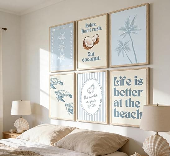 6Pcs Coastal Beach Poster Wall Art,Blue Preppy Beach Painting Picture Wall Decor,Sea Turtle Starfish Palm Tree Canvas Print Artwork for Bathroom,Bedroom,Living Room,Beach House Home Decor Unframed thumbnail 5