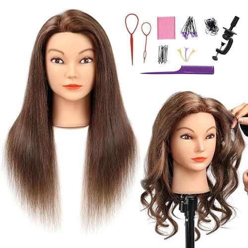 SOPHIRE 20-22 inches 100% Real Human Hair Mannequin Head, Hairdressers' Practice Training Head and Cosmotology Doll Head for Hairstyling and Braid - Dark Brown - Image 1