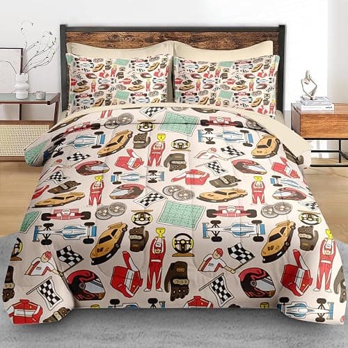 Pamnest Comforter Set Twin Size, Racing Car Competition 5 Pcs Bedding for Kids and Adults, Race Game Cute Wheel Bed Sheet Sets with Fitted Sheet Pillowcase & Sham for Bedroom Bed Decor - Twin - Cartoon Car 1 thumbnail 3