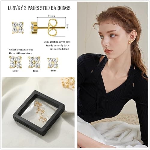 Lunvky 3 Pairs 14K Gold Plated Stud Earring Sets for Women Dainty 925 Sterling Silver Earrings for Multiple Piercing Tiny Cartilage Tragus Cute Trendy Post Earrings Stacks Jewelry Gifts thumbnail 3