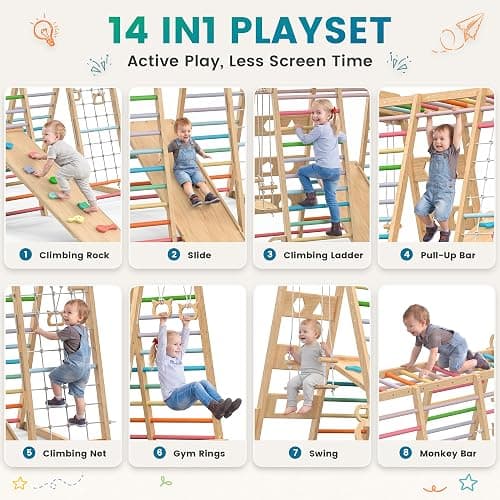 BlueWood Upgraded Indoor Jungle Gym 14-in-1 Playground Kids Climbing Toys | Waldorf Style Wooden Climber Playset with Slide, Swing, Monkey Bars, Upright/Rope Ladder, Climb Net, Colorful thumbnail 4