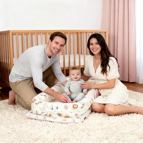 Loevin Baby Lounger for Newborns & Infants 0–24 Months, 100% Cotton Breathable Infant Support Cushion with Adjustable Size, Portable Baby Nest for Home and Travel, Baby Shower Gift (Animal World Pink) thumbnail 2