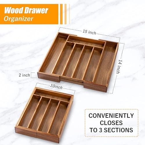 Bellsal Acacia Silverware Organizer Kitchen Drawer Organizer Expandable Bamboo Utensil Holder Cutlery Tray for Kitchen Utensil and Flatware Bedroom Office thumbnail 2