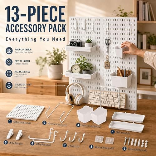 AKTOP Peg Board Wall Organizer 4-Pack – 12"x12" White Pegboard Combination Kit with 13 Accessories for Wall, Plastic Peg Board Panels for Home, Office, Garage Tool Storage & Craft Room thumbnail 4
