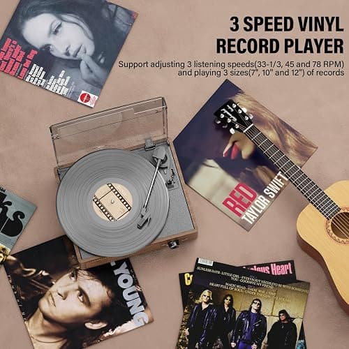 Record Player for Vinyl with 2 Build-in Speakers LP Vinyl Players Belt-Driven Vintage Turntables 3 Speed 3 Size, Wireless Bluetooth Playback, AUX-in,RCA Out, Headphone, Auto Stop Wood thumbnail 5