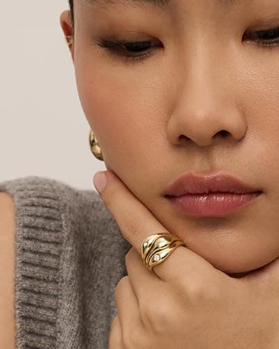 PAVOI 14K Gold Plated Chunky Stackable Rings Set for Women | Cubic Zirconia Bands Set | 3 Statement Rings Pack thumbnail 4