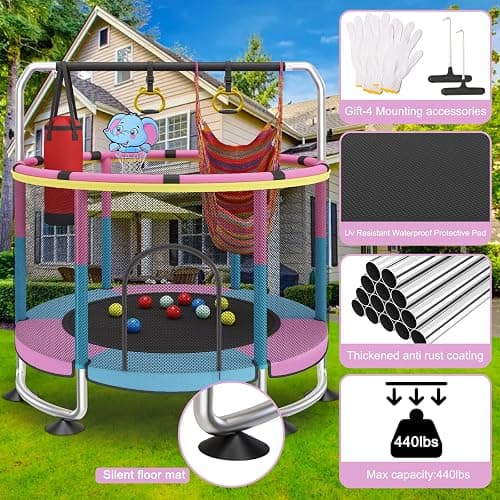 Trampoline for Kids, 60" Toddler Trampoline Indoor Outdoor, 440lbs KidsTrampoline with Enclosure Net, Upgraded Ring Legs with Adjustable Gymnastics Bar, Gifts for Ages 1-8 Boys&Girls thumbnail 2