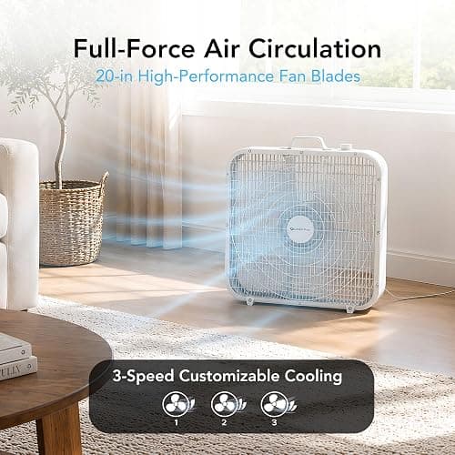 Comfort Zone Box Fan with Carry Handle, 20 inch, 3 Speed Full-Force Air Circulation Window Fan, Bedroom Floor Fan with 5 Blades, White Noise Cooling Fan, White thumbnail 3