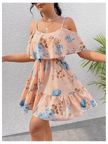 SOLY HUX Women's Boho Floral Print Cold Shoulder Dress Short Sleeve Ruffle A Line Vacation Elegant Mini Dresses thumbnail 4