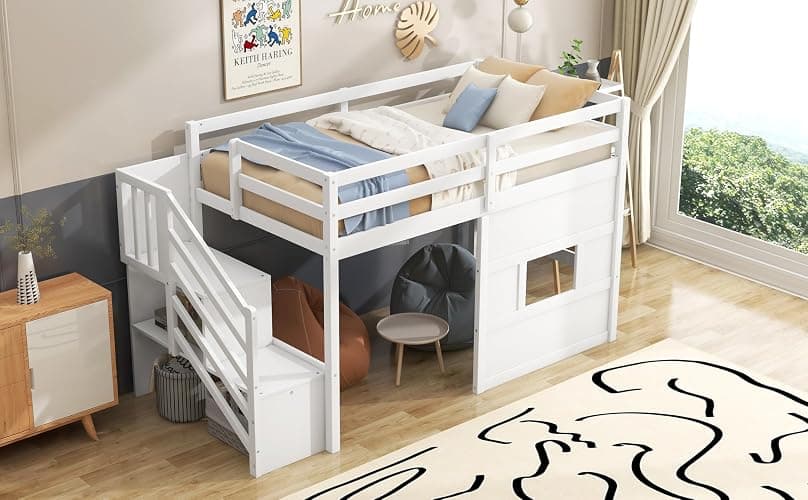 Twin Size Loft Bed with Storage Staircase and Window, Solid Wood Low Loft Bed Frame with LED Light, Full-Length Guardrails and Slats, Space-Saving Kids Bed, No Box Spring Needed, White Finish thumbnail 8