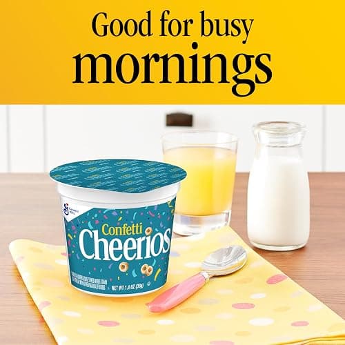Cheerios Confetti Breakfast Cereal Cup, Gluten Free, Single Serve, 1.4 oz | Vanilla Flavor with Rainbow Sprinkles, 22g Whole Grain per Serving, 12 Vitamins & Minerals, No Artificial Flavors thumbnail 6